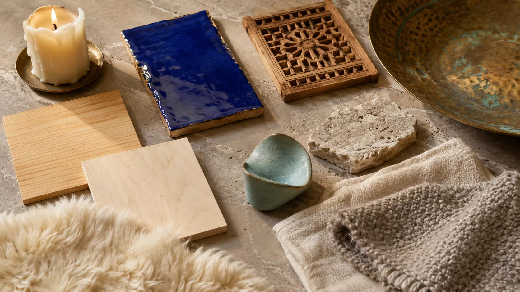 A palette of materials combining lapis lazuli brick and copper with light wood and wool. Iraqi and Norwegian raw materials in a luxurious design panel