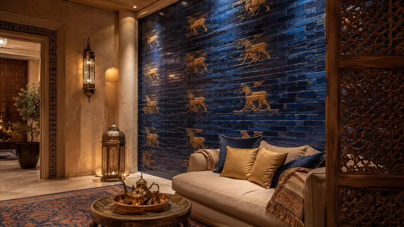 A luxurious Iraqi interior corner featuring wooden balconies, lapis lazuli bricks, and hammered copper. Luxurious Iraqi Mesopotamian style with mashrabiyas and copper