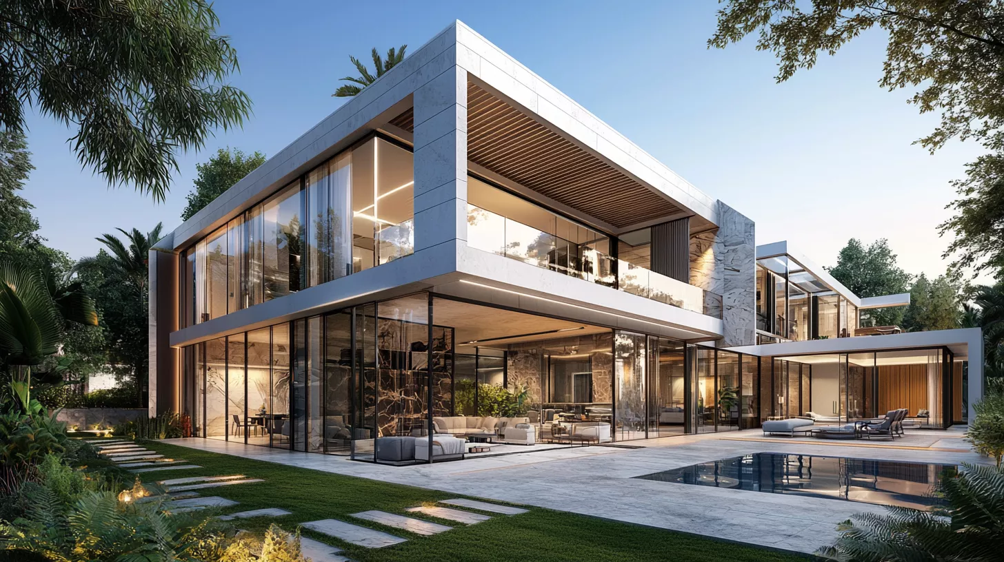 تصوير معماري واقعي بدقة 8K لفيلا فاخرة ذكية في الرياض بتصميم سعودي تركي حديث مستوحى من رؤية 2030، تستخدم الحجر الطبيعي والخشب والزجاج الذكي مع إضاءة ذكية وتصميم مستدام يعكس التوازن بين التقنية والطبيعة والفخامة العصرية