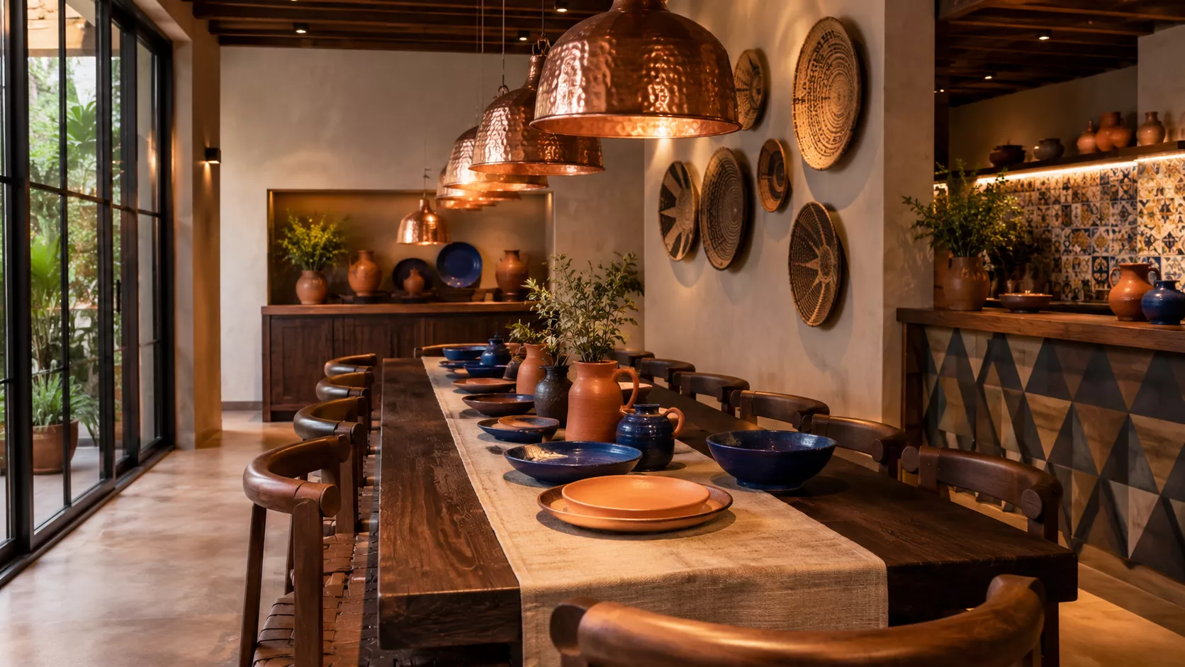 A fine dining room and restaurant with Talavera touches and African baskets A fine dining room and restaurant with Talavera touches and African baskets