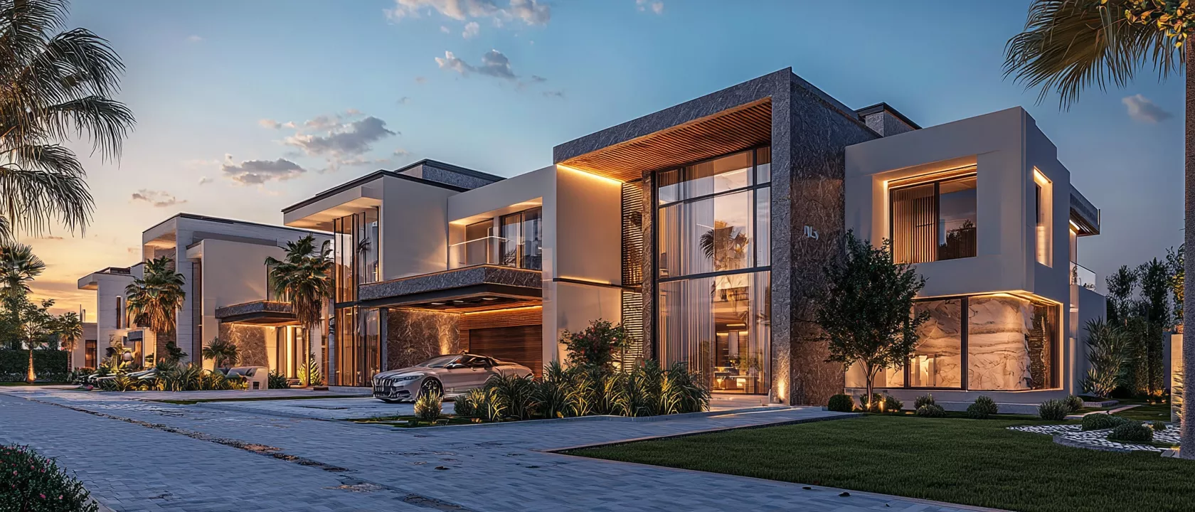 منظر بانورامي واقعي بدقة 8K لفلل فاخرة ذكية من تصميم SMD Group في أرقى أحياء الرياض وجدة (النخيل، العقيق، حطين، الشاطئ، الروضة، أبحر)، بأسلوب معماري سعودي تركي حديث يجمع بين الحجر الطبيعي والخشب والزجاج والإضاءة الدافئة، في مشهد يعكس التميّز المحلي والهوية السعودية الحديثة.