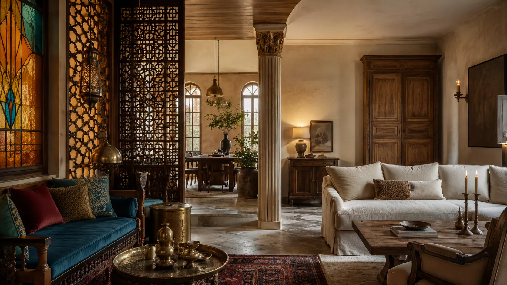 An internal comparison between the richness of the Egyptian style and the tranquility of the Belgian style. Comparing Egyptian and Belgian styles in decoration