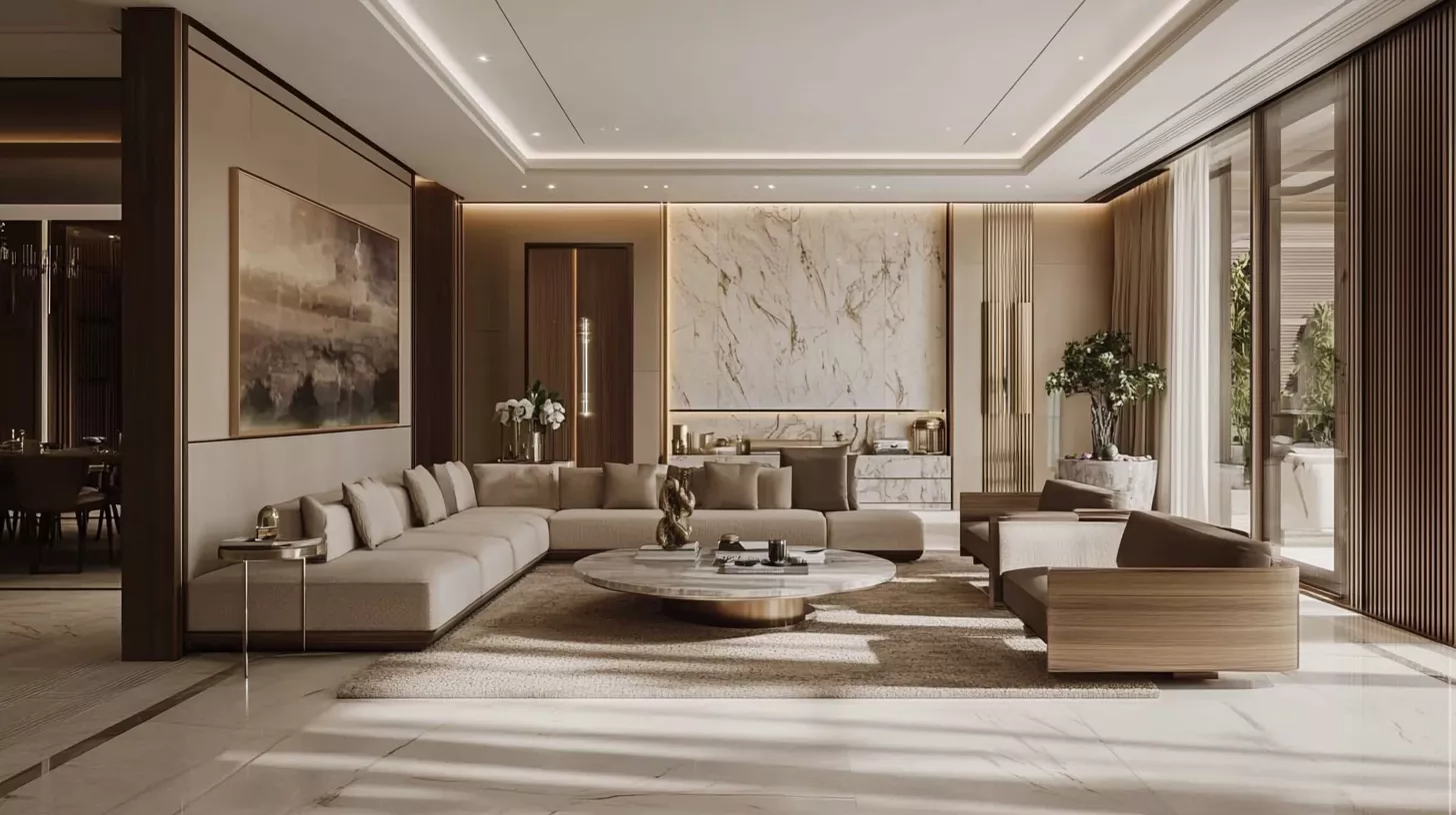 تصميم داخلي فاخر واقعي لفيلا ذكية في الرياض بأسلوب سعودي-تركي حديث، إنارة دافئة ذكية تتفاعل مع المزاج، خامات طبيعية من الرخام والخشب، نوافذ بانورامية، وأثاث أنيق بتصميم بسيط — تصوير واقعي بجودة 8K يجمع بين التقنية والفخامة الكلاسيكية