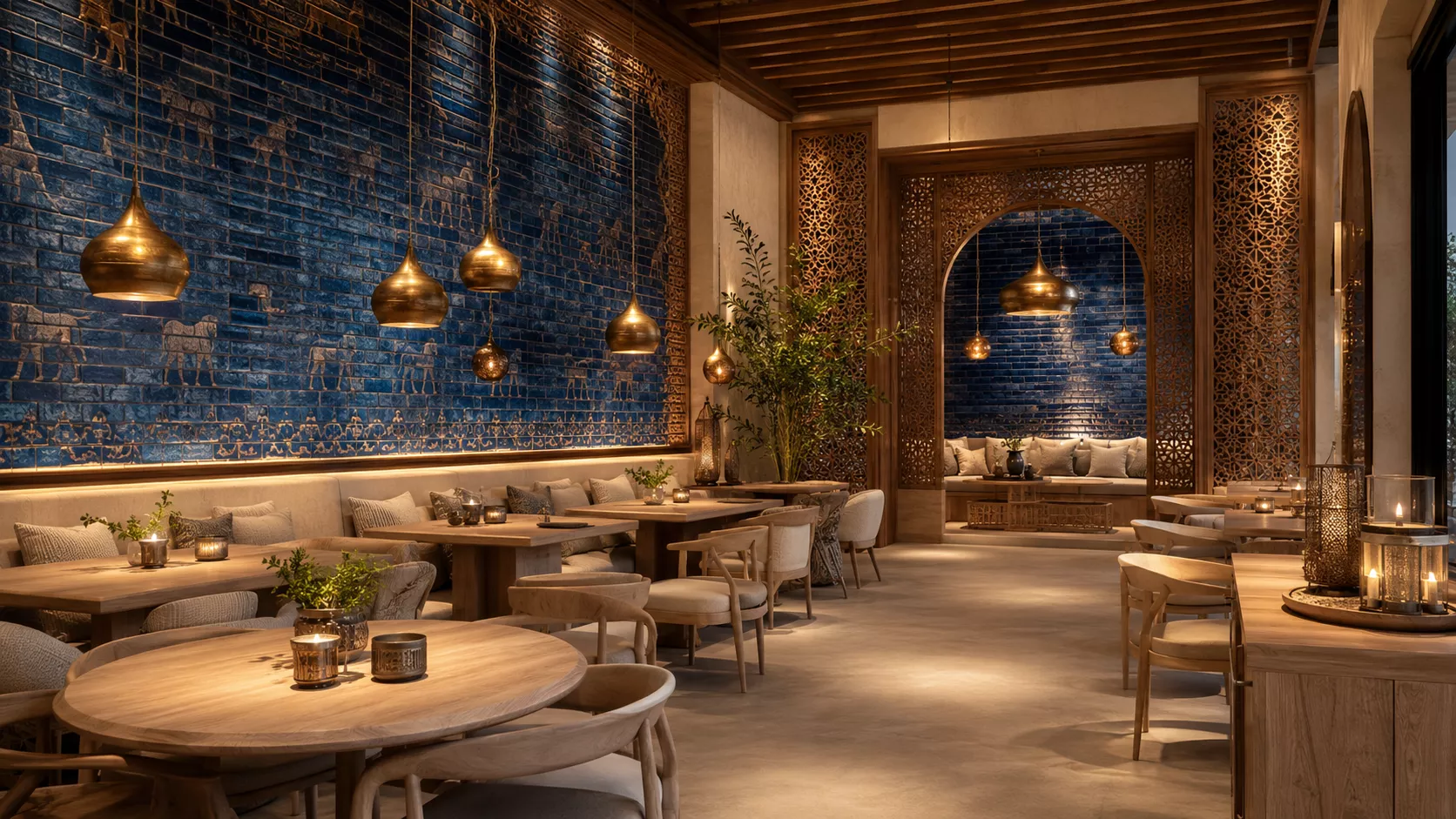 A luxurious restaurant that combines lapis lazuli bricks and balconies with light wood and Norwegian warmth. Iraqi-Norwegian restaurant design with warm lapis lazuli bricks