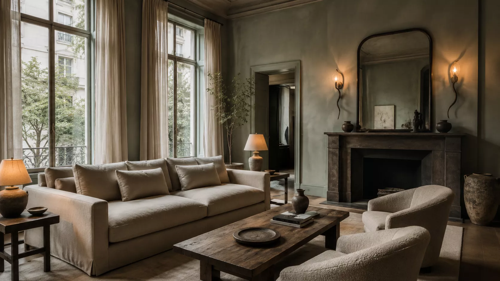 A tranquil Belgian living room with raw linen and aged oak. Quiet Belgian luxury in linen and oak