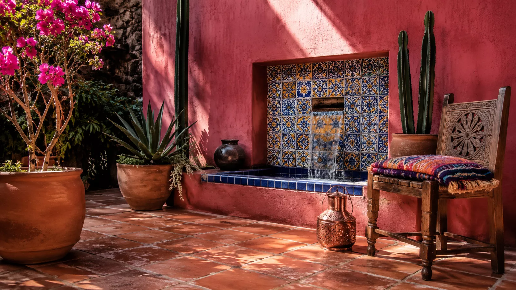 A contemporary Mexican patio with warm Talavera and Terracotta tiles A contemporary Mexican patio with warm Talavera and Terracotta tiles