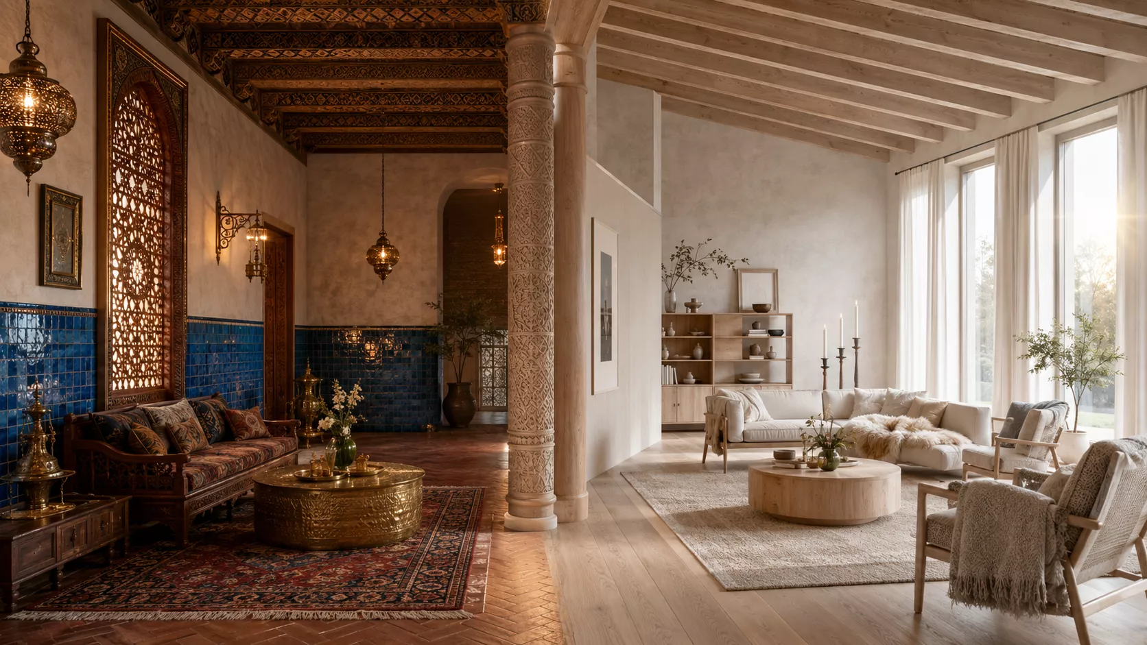 One room compares the Iraqi Mesopotamian style with the Norwegian Scandinavian style. Comparing Iraqi and Norwegian interior design styles