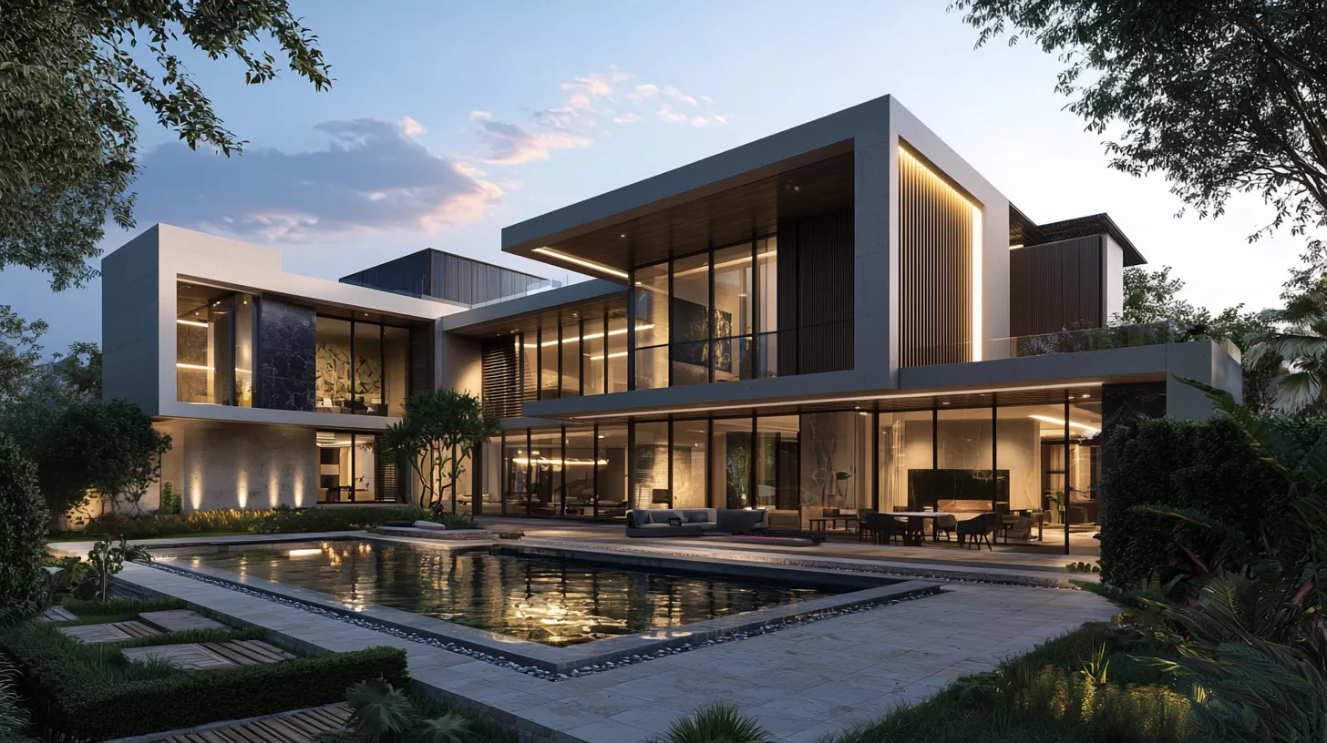 تصميم واقعي بدقة 8K لفيلا فاخرة ذكية في الرياض تمثل استثمارًا طويل الأمد، تجمع بين الحجر الطبيعي والخشب والزجاج، مزودة بأنظمة مستدامة تعتمد على الذكاء الاصطناعي والطاقة الشمسية والإضاءة الذكية لتقليل التكاليف ورفع قيمة العقار، في مشهد يجسّد الجمال والرفاهية والنمو المالي.