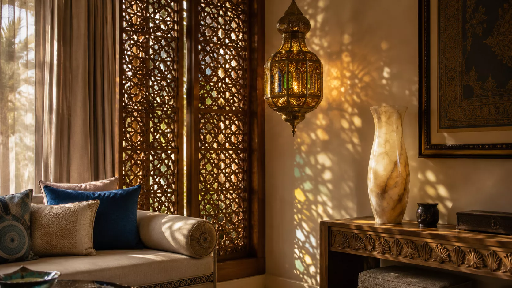 An interior corner in a contemporary Egyptian style featuring a mashrabiya, copper, and alabaster. Contemporary Egyptian style with mashrabiya and fine copper