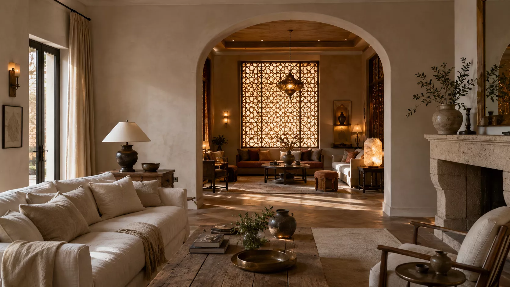 A luxury restaurant design that combines mashrabiya and copper with oak and Belgian linen. A fine restaurant blending Egyptian style with Belgian tranquility