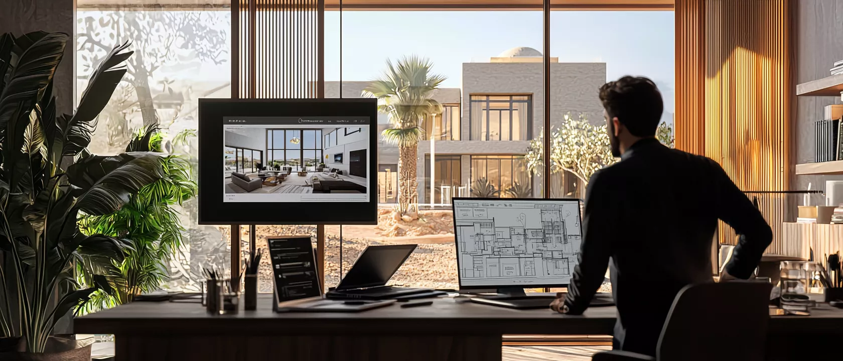 تصوير واقعي بدقة 8K يجسّد رحلة التصميم والتنفيذ المتكاملة في SMD Group بالرياض، من الاستشارة الأولى والتصميم التوليدي ثلاثي الأبعاد بالذكاء الاصطناعي حتى تسليم الفيلا الفاخرة الجاهزة، في مشهد يعكس التكامل بين الخبرة السعودية والتركية وجودة التنفيذ العالمية.