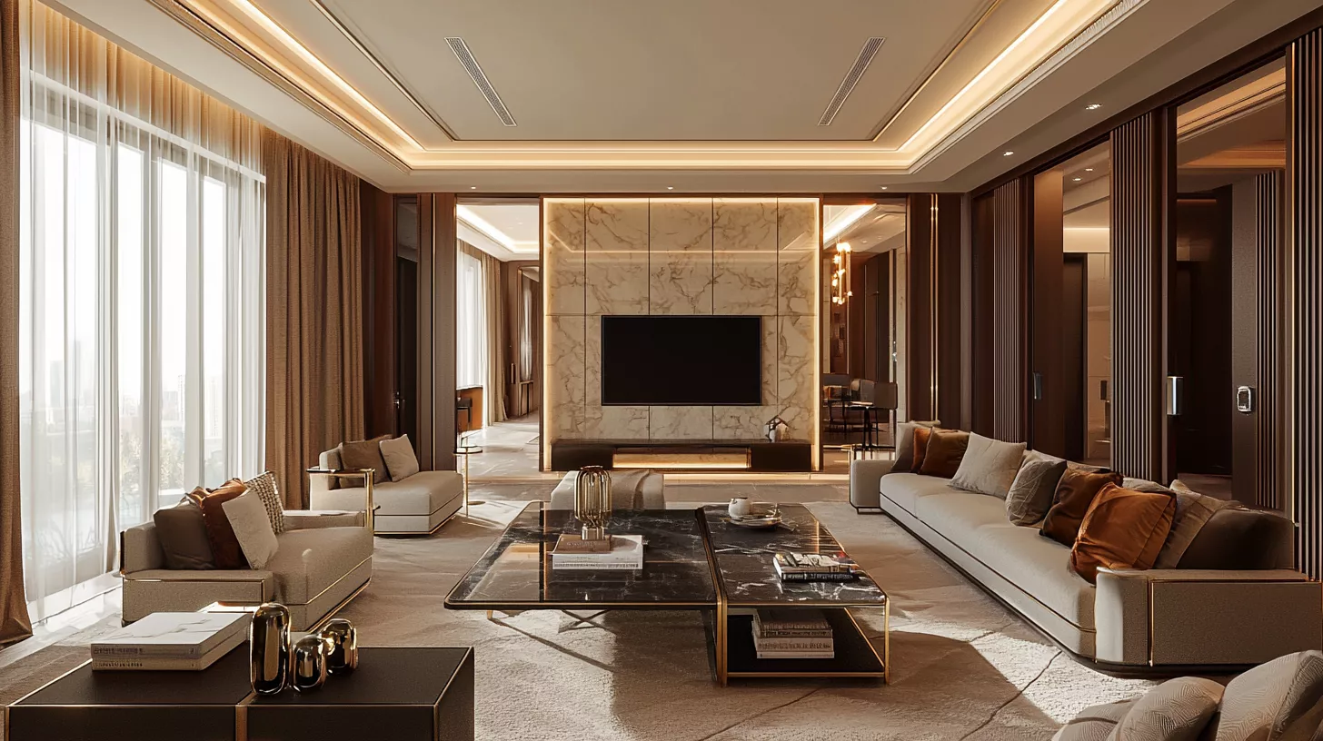 تصميم داخلي فاخر واقعي بدقة 8K لفيلا ذكية في الرياض بأسلوب سعودي تركي حديث، يجمع بين الرخام الطبيعي والخشب الدافئ، وإنارة خطية ناعمة وسقف جبسي عائم، مع إضاءة ذكية متفاعلة مع المزاج، يخلق توازنًا بين الحداثة والدفء الشرقي في أجواء أنيقة ومريحة