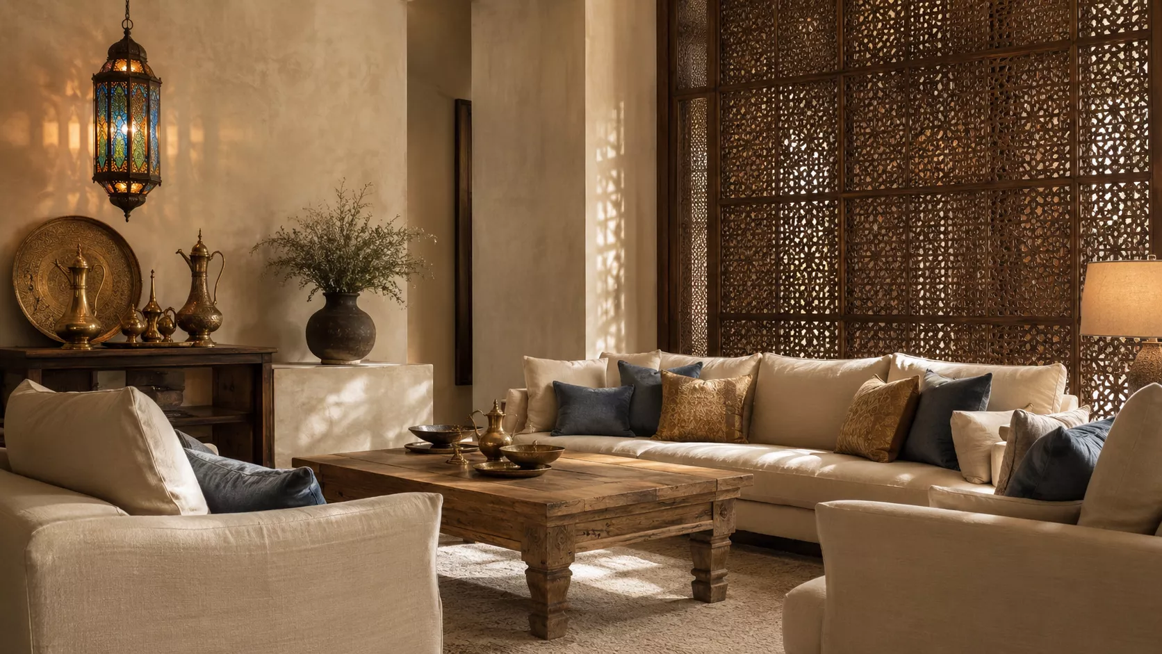 A luxurious hospitality salon that combines a mashrabiya and a coffee corner with linen and oak. Egyptian-Belgian hospitality salon with a luxurious coffee corner