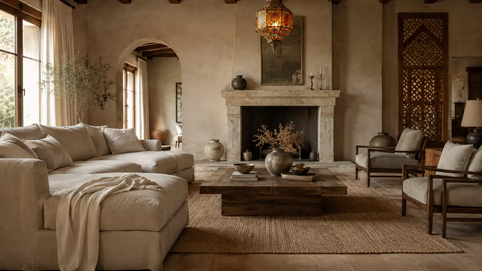 A living room that applies the 70/20/10 rule, balancing Belgian tranquility with Egyptian opulence. The 70-20-10 base for combining Egyptian and Belgian styles