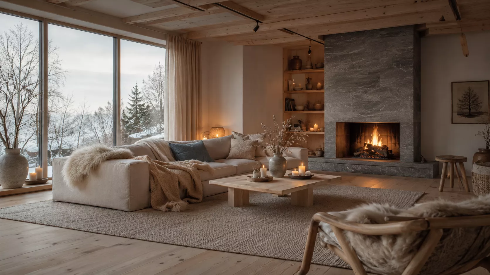 A warm Norwegian living room with light wood, wool, and soft natural light. A cozy Norwegian-style wooden Scandinavian room