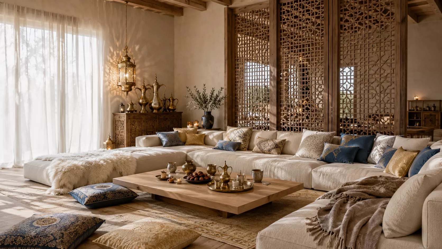 A guest room that combines Iraqi balconies and a copper coffee corner with Scandinavian warmth. Luxurious Iraqi-Norwegian majlis with a copper coffee corner