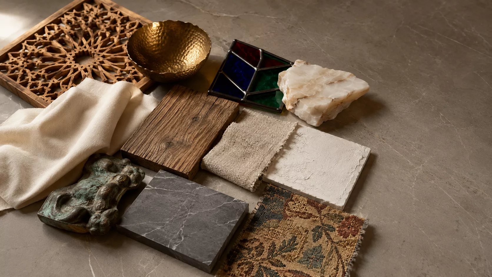 A panel of materials combining mashrabiya and copper with oak and Belgian linen. Egyptian and Belgian style materials in a luxurious painting